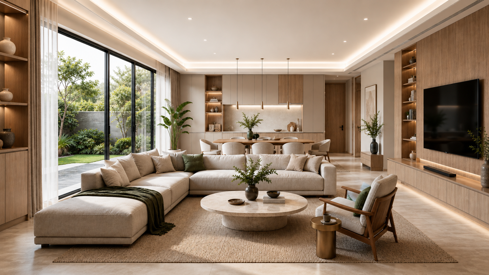 Warm modern living room showcasing VORA interior material finishes